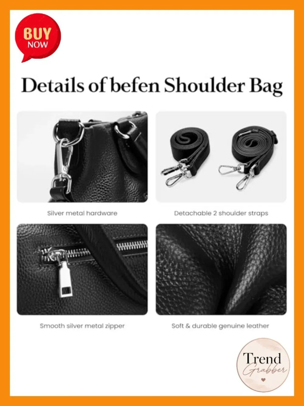 Genuine Leather Tote Bag with Zipper, Shoulder & Crossbody Strap
